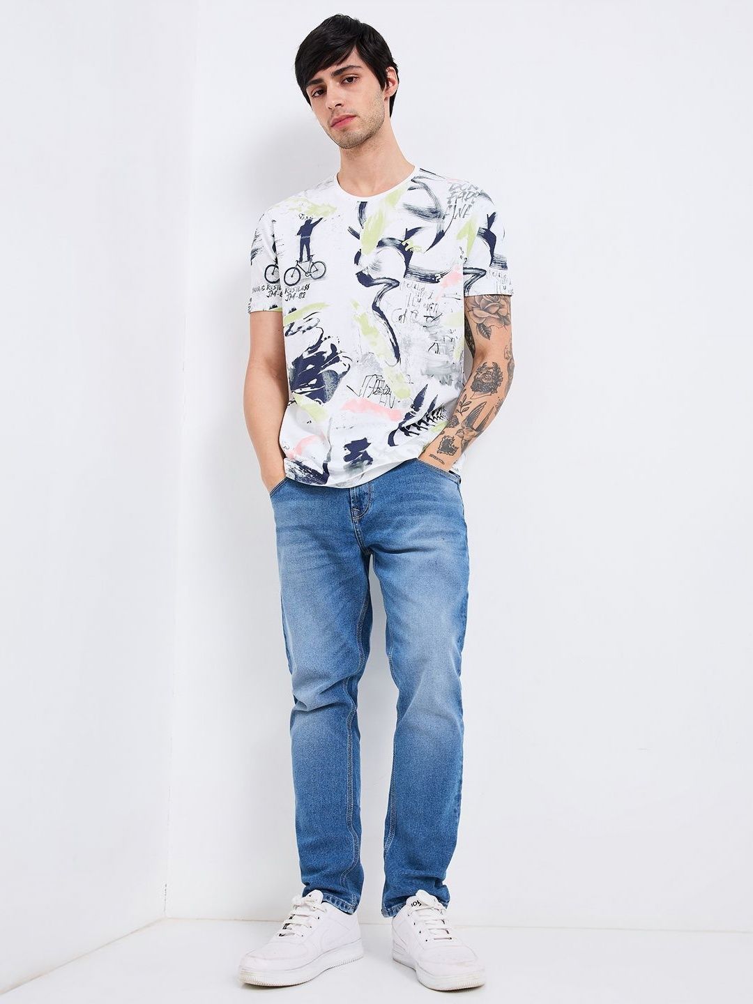 SPYKAR Men Abstract Printed Round Neck Cotton Slim Fit T-shirt