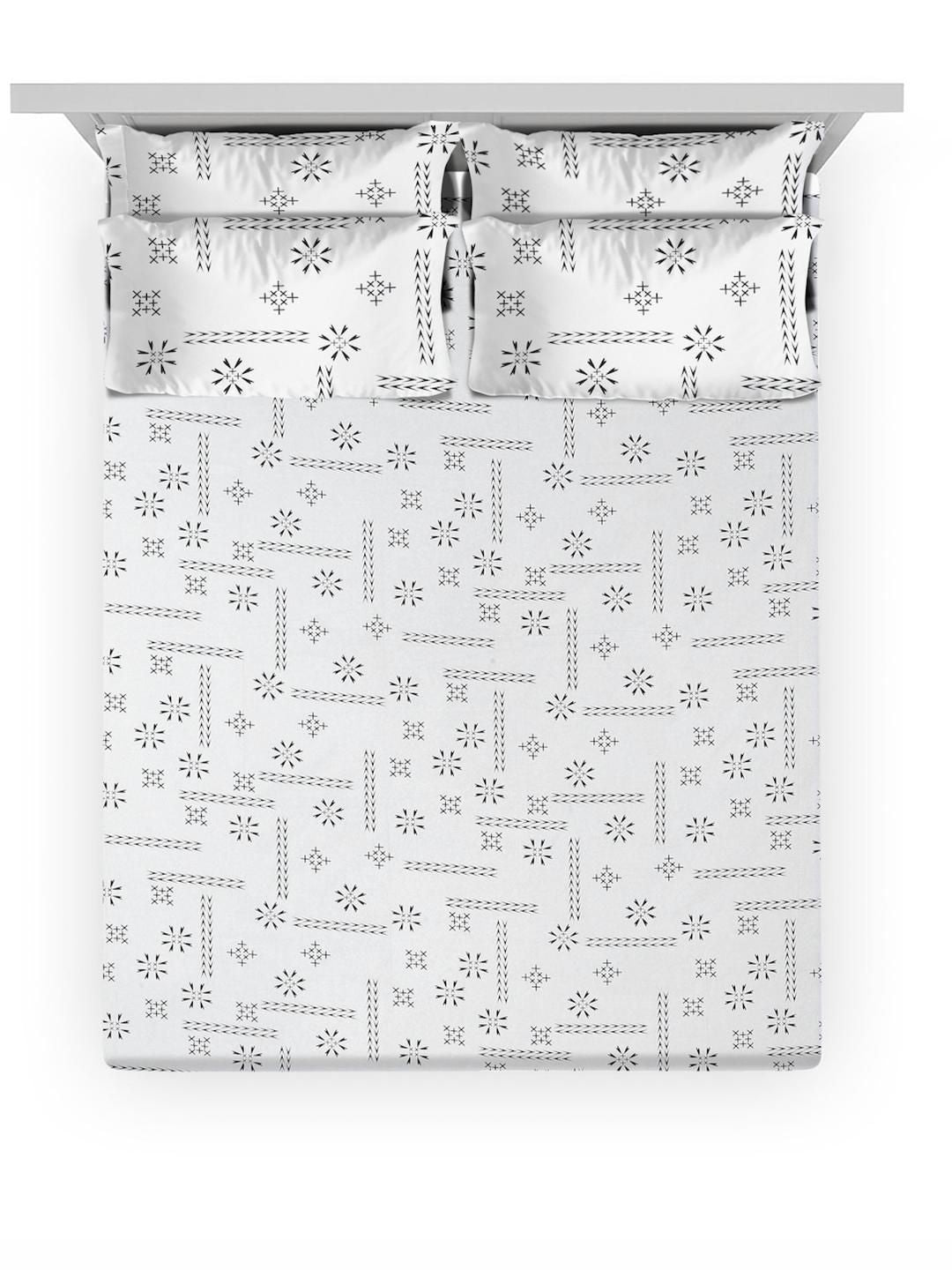 KLOTTHE White Printed Fitted 400TC Pure Cotton Super King Bedsheet & 4 Pillow Covers