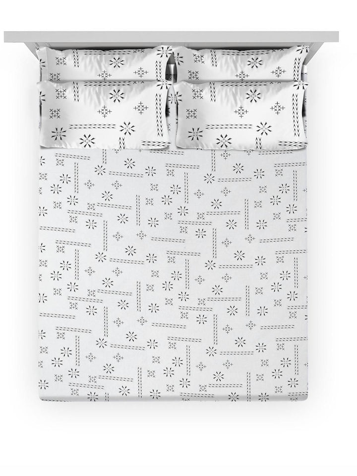 KLOTTHE White Printed Dilengkapi 400TC Kapas Tulen Cadar Super King & 4 Sarung Bantal