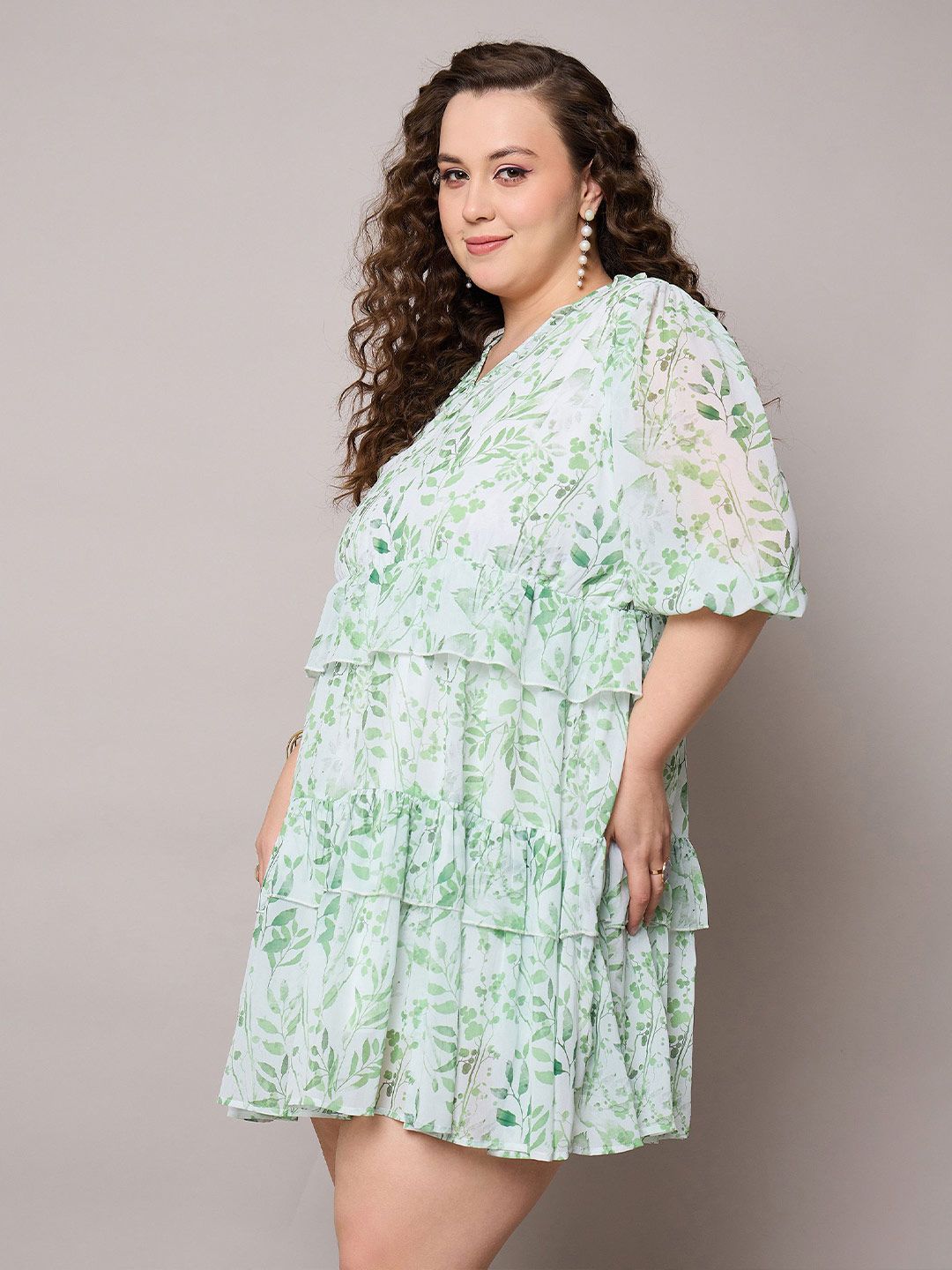 SASSAFRAS Curve Women Plus Size Floral Print Layered Fit & Flare Dress