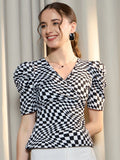 Berrylush Women Checked V-Neck Drop-Shoulder Sleeves Monochrome Pockets T-shirt