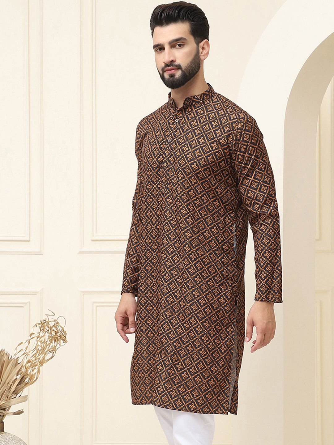 SOJANYA Ethnic Motifs Printed Band Collar Pure Cotton Straight Kurta