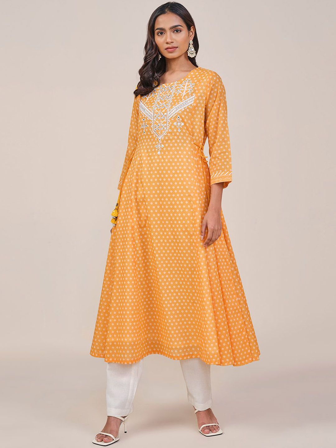 Global Desi Geometric Printed Thread Work Pure Cotton Anarkali Kurta