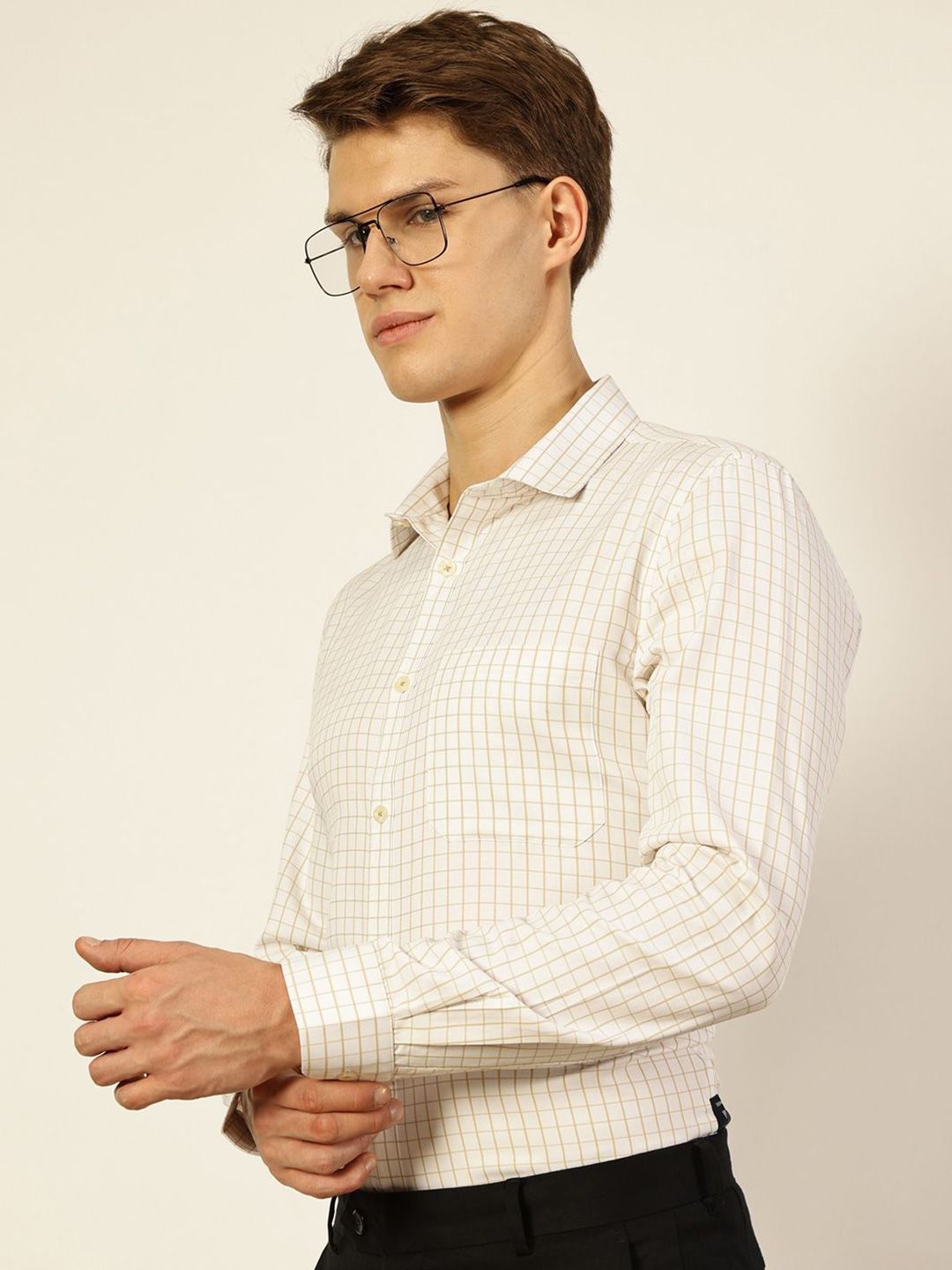 Thomas Scott Men Smart Spread Collar Gingham Checked Cotton Formal Shirt