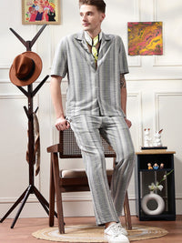 Eszett Striped Jacquard Spread Collar Pure Cotton Shirt With Trousers Co-Ord Set