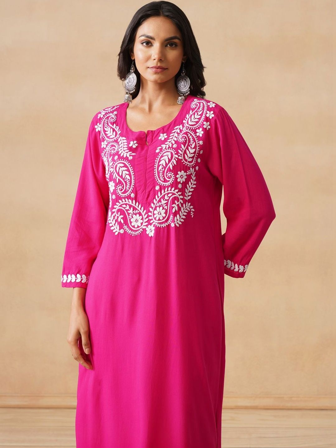 House of Chikankari Women Fuchsia 2 Helai Kurta Biasa dengan Set Seluar
