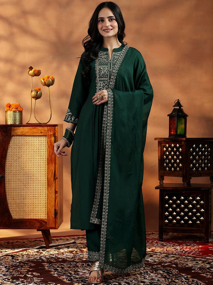 Libas Floral Yoke Design Pleated Sequinned Dobby A-Line Kurta With Palazzo & Dupatta