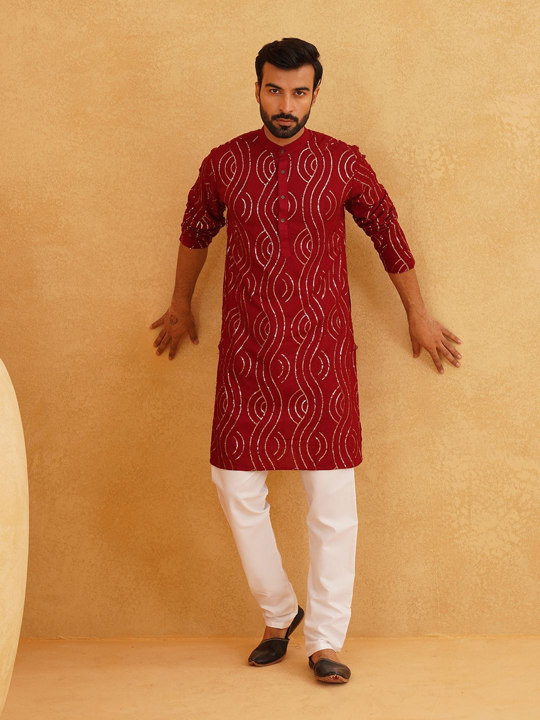 SOJANYA Leheriya Sequinned Band Collar Pure Cotton Straight Kurta With Churidar