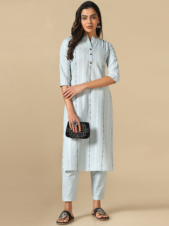 KALINI Striped Mandarin Collar Thread Work Straight Kurta With Trousers
