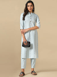 KALINI Striped Mandarin Collar Thread Work Straight Kurta With Trousers