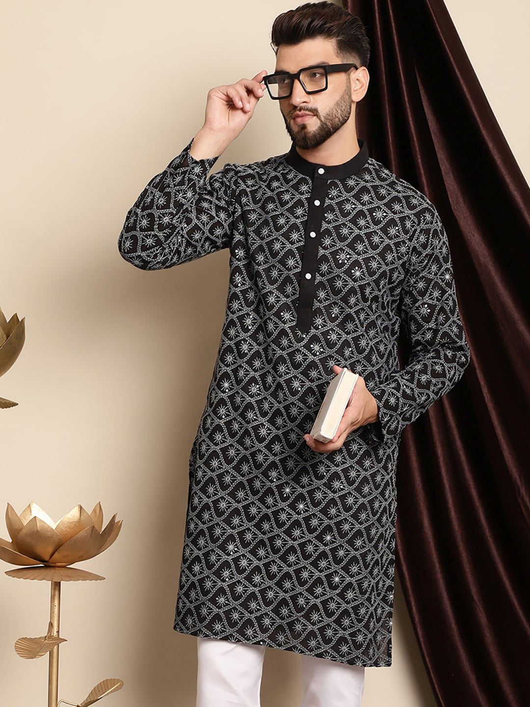 Anouk Ethnic Motifs Embroidered Band Collar Cotton Regular Kurta