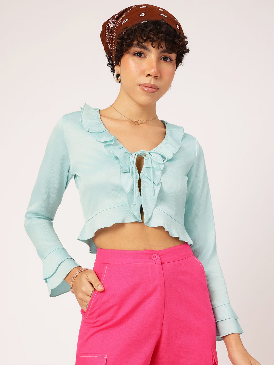 DressBerry Cottagecore Tie-Up Neck Ruffles Crop Top