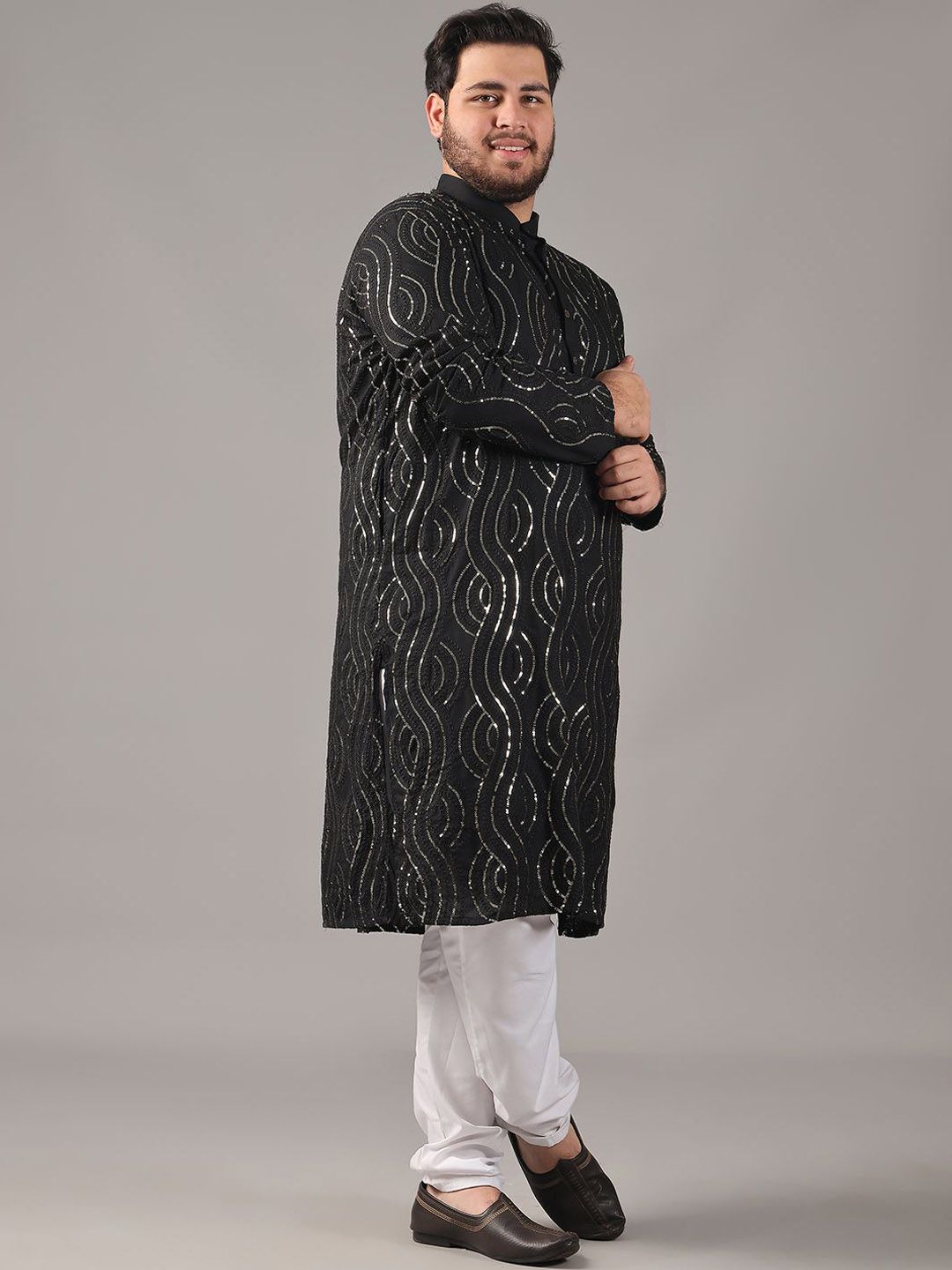 SOJANYA PLUS Size Geometric Embroidered Sequinned Band Collar Pure Cotton Straight Kurta