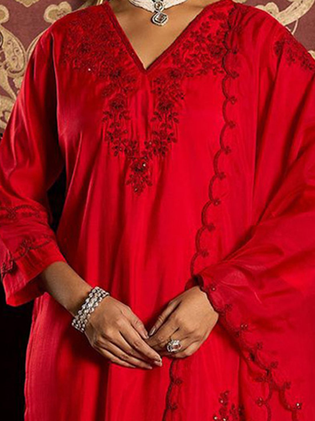 Indo Era Ethnic Motifs Embroidered Sequined Straight Kurta With Trousers & Dupatta