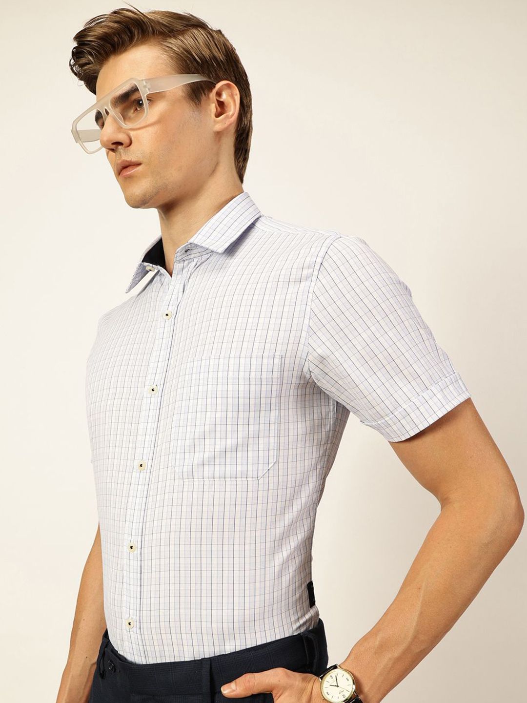 Thomas Scott Men Smart Spread Collar Gingham Checked Cotton Formal Shirt