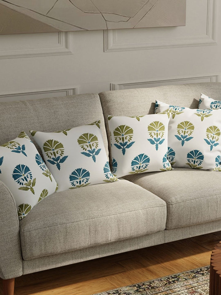 URBAN SPACE White & Blue 5 Pieces Floral Printed Cotton Square Cushion Covers