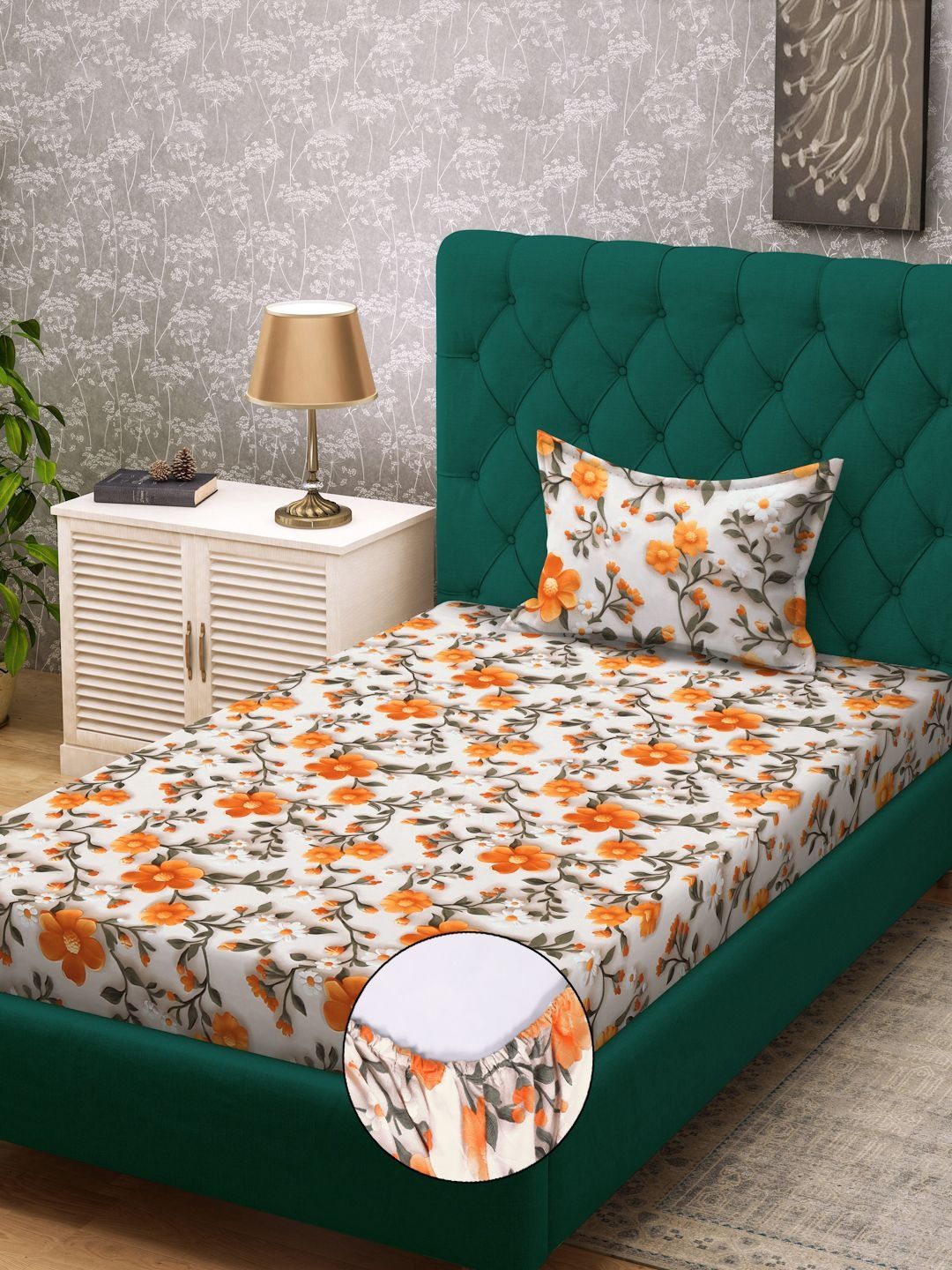 Myntra Elegant Off White Floral 300 TC Single Cadar 7D dengan 1 Sarung Bantal