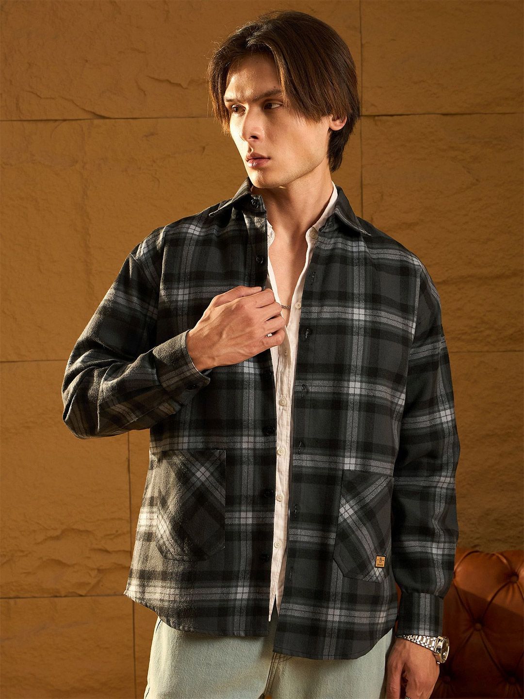 DENNISON Men Double Pocket Drop Shoulder Oversized Cotton Checked Shacket