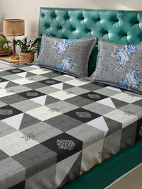 KLOTTHE Grey & Black Print King Bedsheet with 2 Pillow Covers