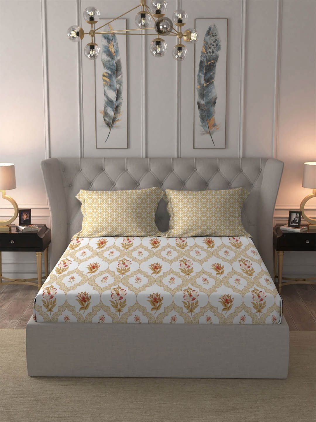 TRIDENT Gulmphar Yellow Dusk & Dawn Flat 144TC Queen Cotton Bedsheet Set