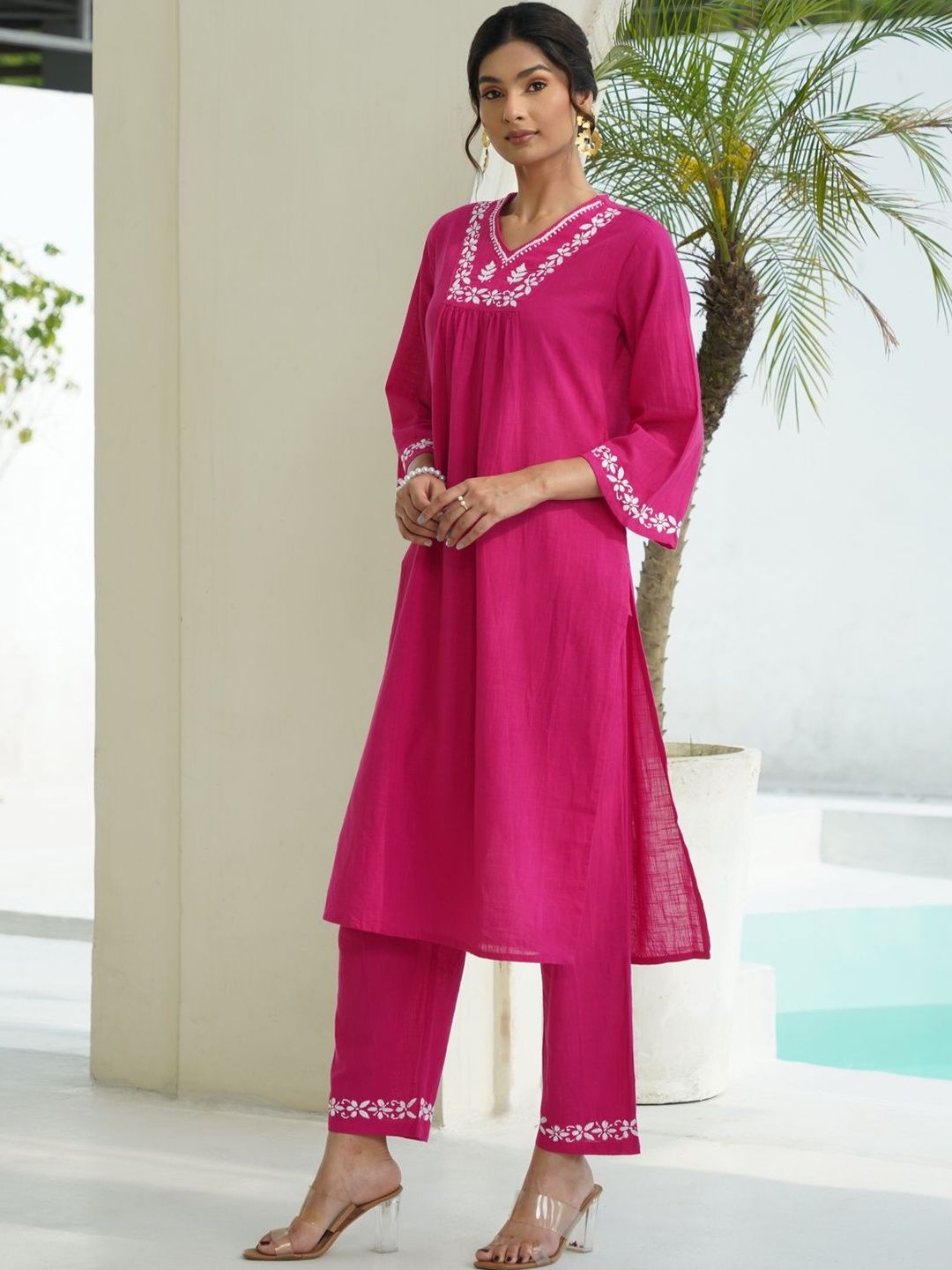 House of Chikankari Women 2 Pieces Regular Pure Cotton Kurta with Trousers Set