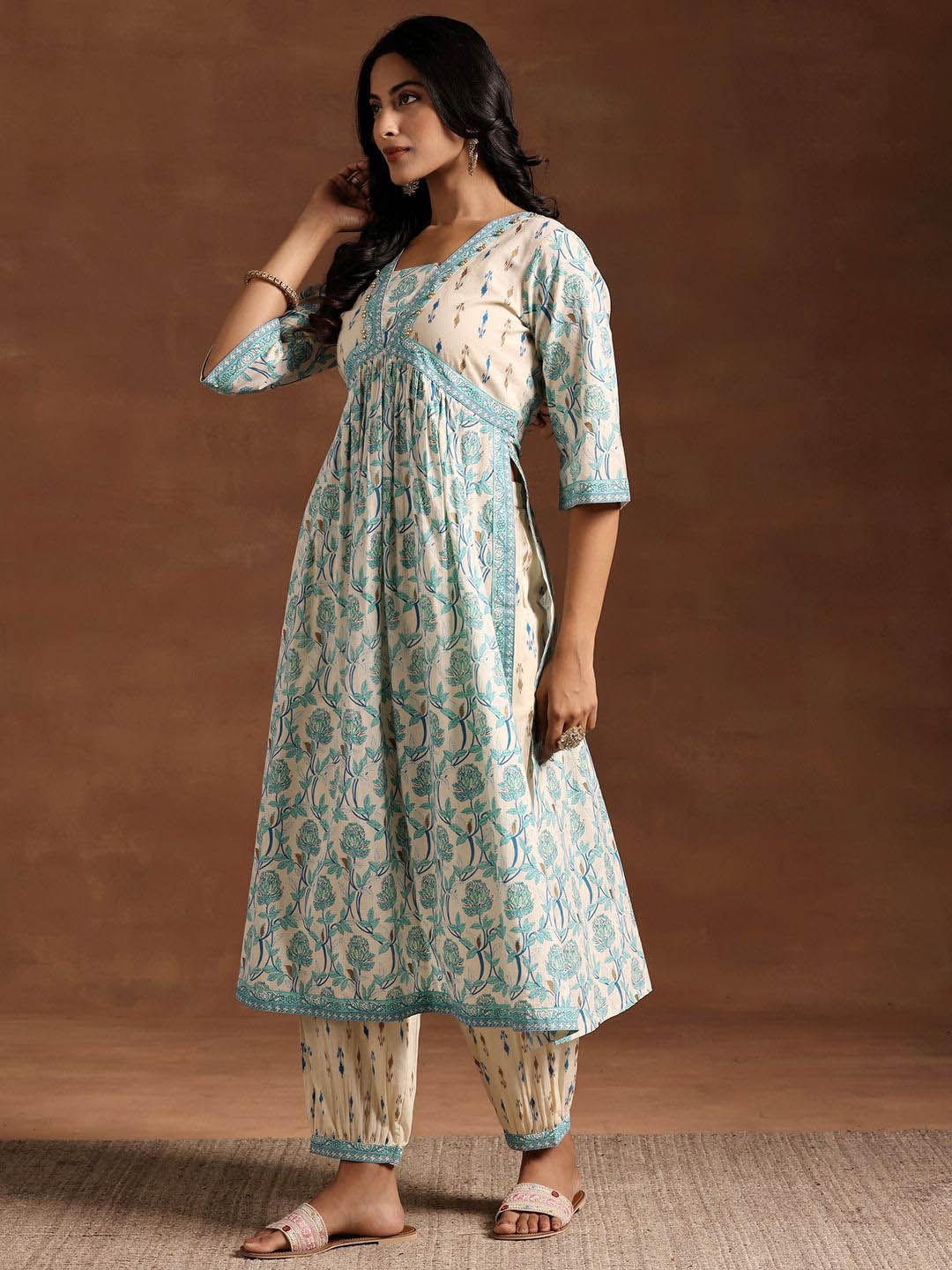 Libas Women Floral Printed Empire Beads and Stones Pure Cotton Kurta with Salwar