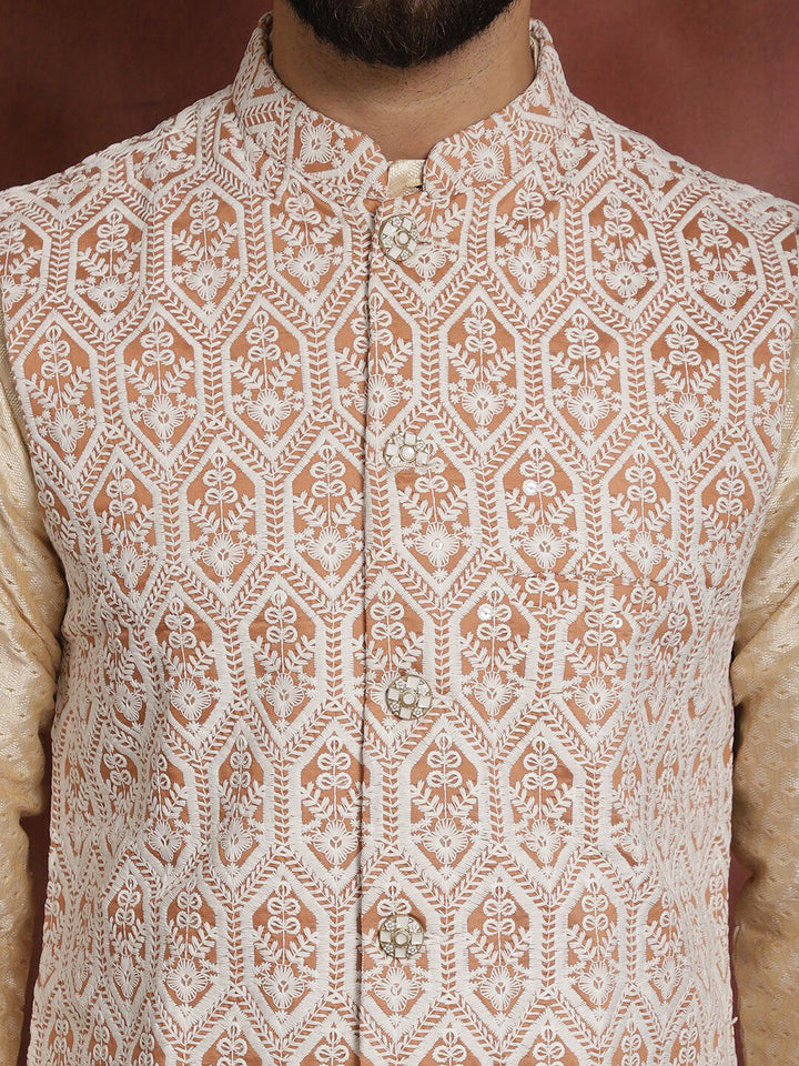 Anouk Men Mandarin Collar Geometic Printed Kurta With Pyjama & Embroidered Nehru Jacket