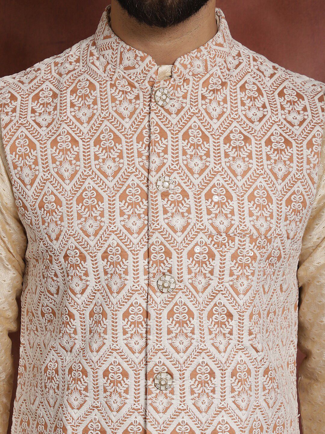 Anouk Men Mandarin Collar Geometic Printed Kurta With Pyjama & Embroidered Nehru Jacket