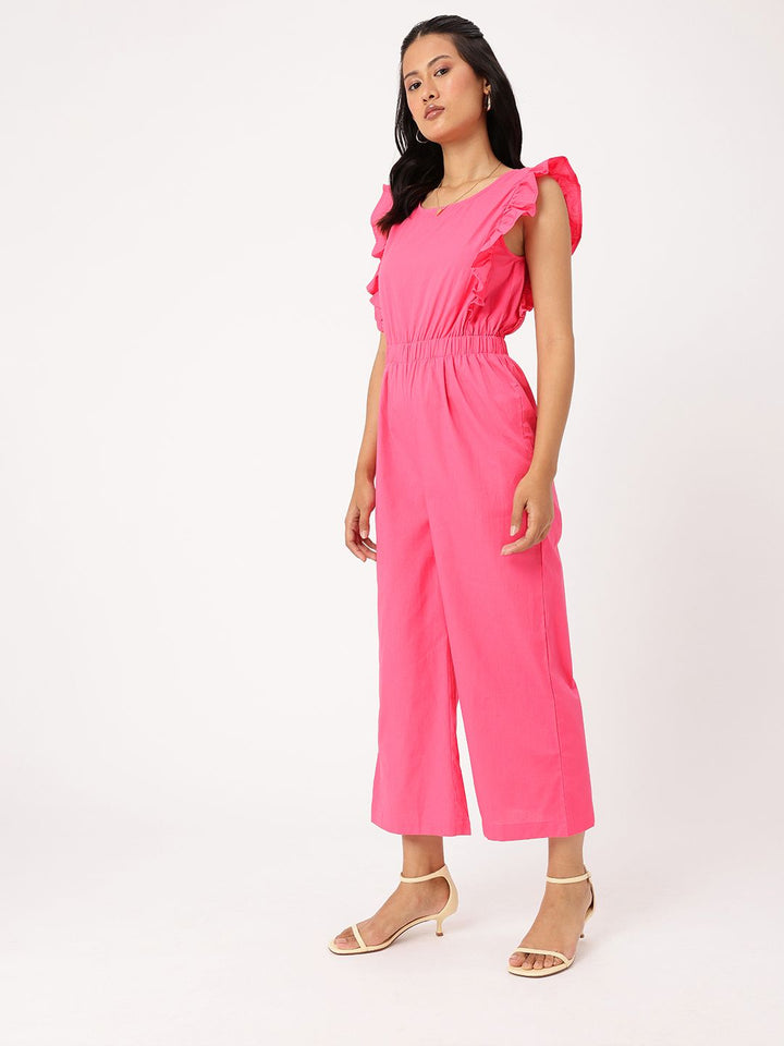 DressBerry Whimsy Vibe Gathers Cut-Out Flutter Sleeves Cropped Basic Jumpsuit