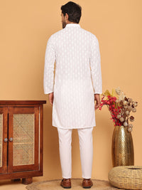 Jompers Floral Embroidered Mandarin Collar Chikankari Pure Cotton Kurta With Pyjama