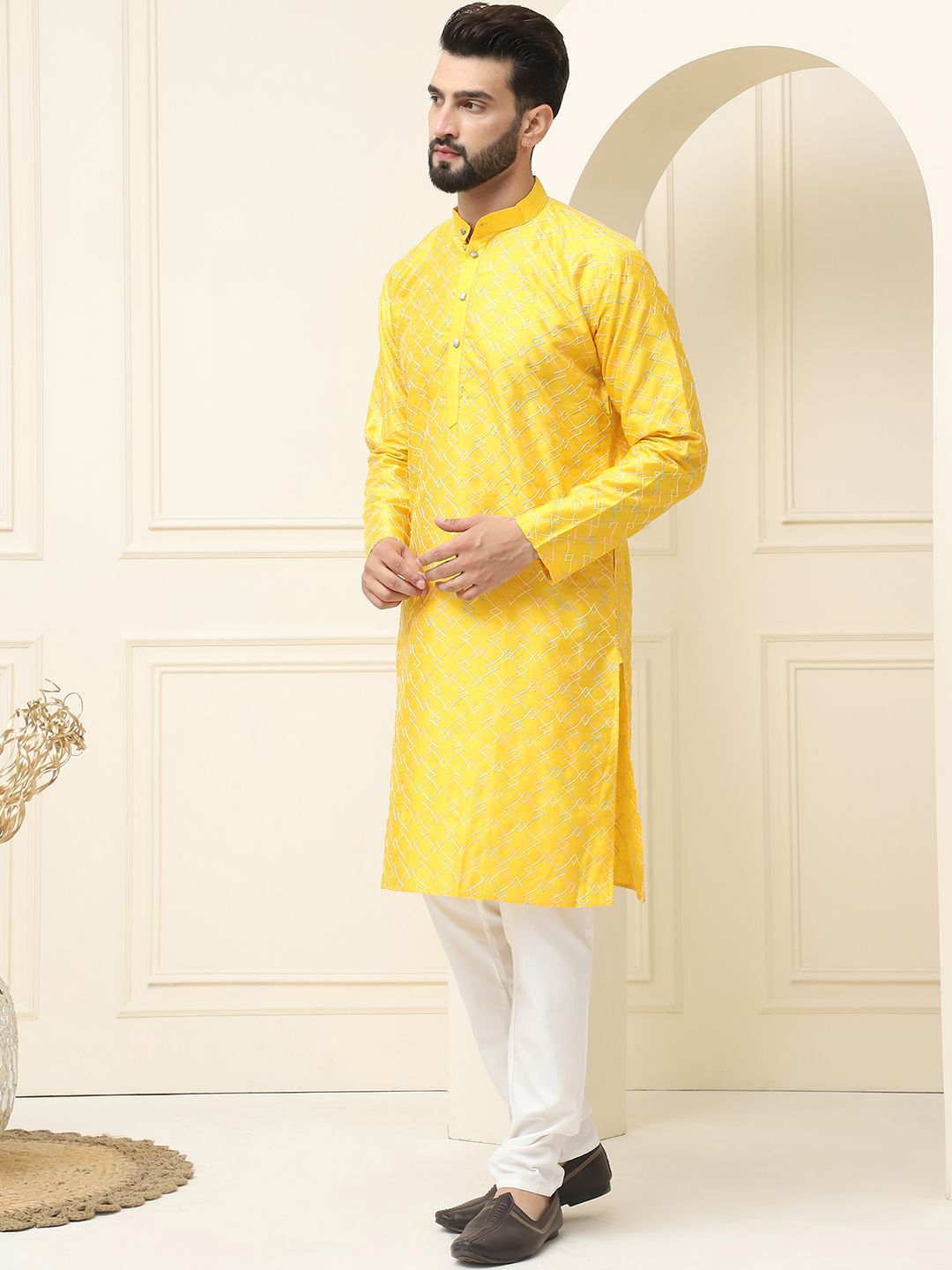SOJANYA Kurta Lurus Sulam Sulam Geometrik Kapas Sutera dengan Piyama
