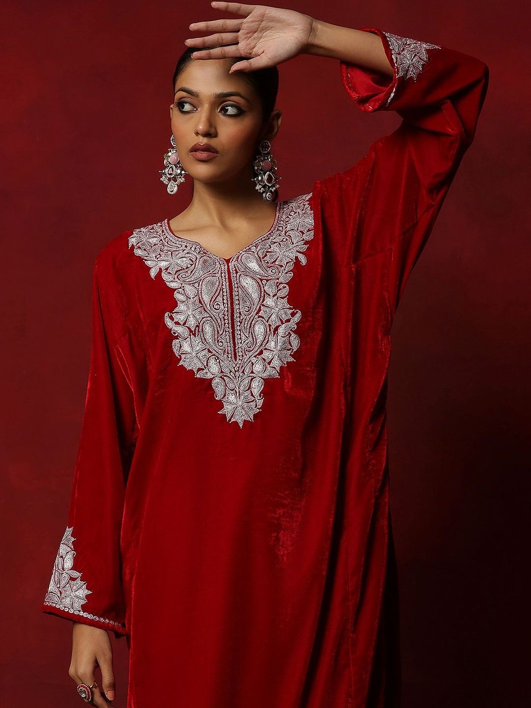 House of Chikankari Women Red Velvet Tilla Embroidered Kurta Set