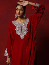 House of Chikankari Women Red Velvet Tilla Embroidered Kurta Set