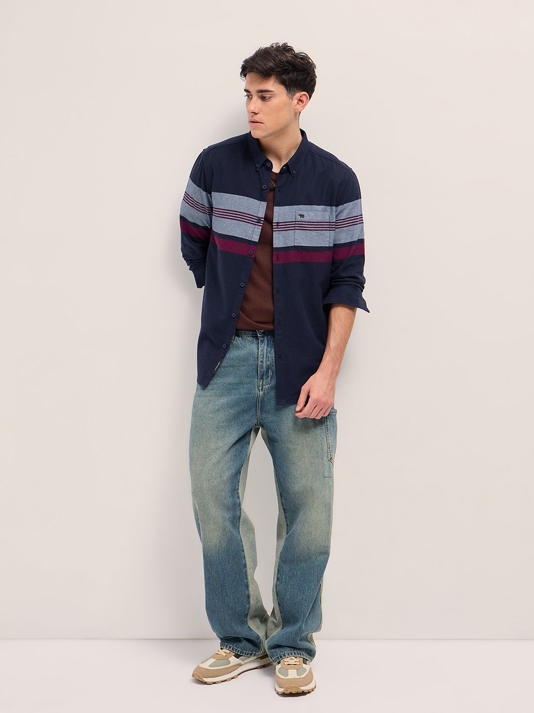 THE BEAR HOUSE Men Button-Down Collar Multi Striped Cotton Slim Fit Casual Shirt