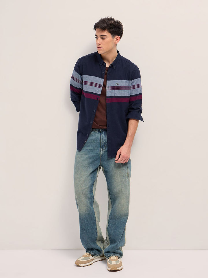 THE BEAR HOUSE Men Button-Down Collar Multi Striped Cotton Slim Fit Casual Shirt