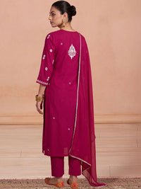 Rumah Wanita Chikankari Motif Etnik Bersulam Benang Biasa Kurta Kerja dengan Seluar & Dengan Dupatta