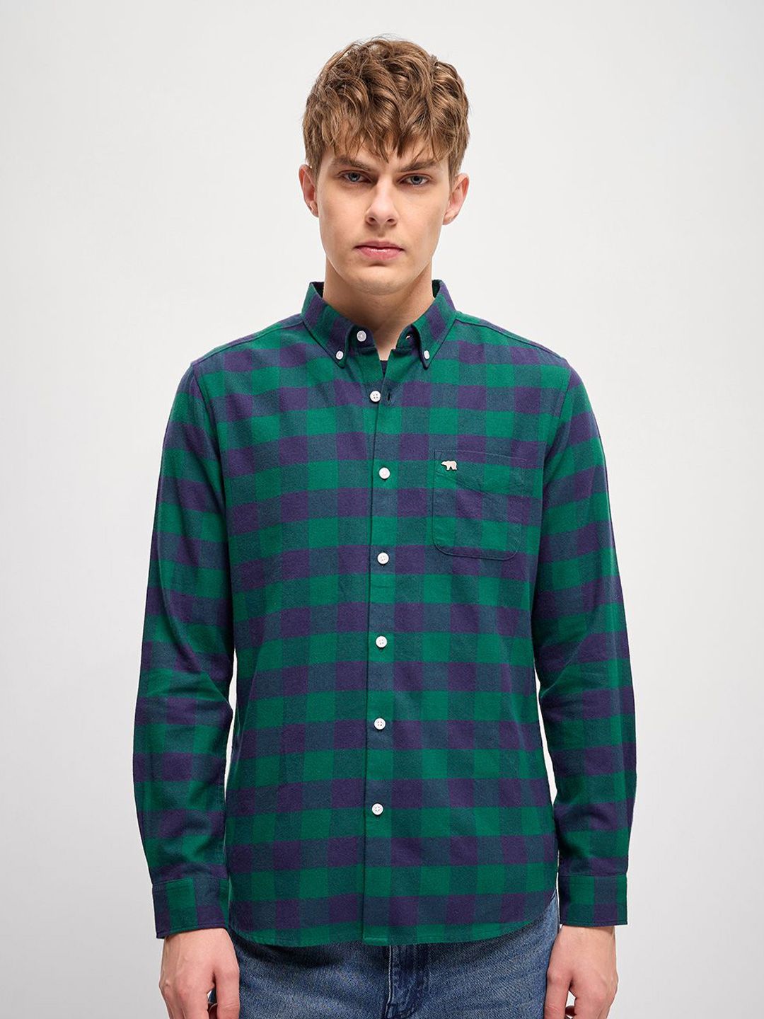THE BEAR HOUSE Men Button-Down Collar Checked Cotton Slim Fit Casual Shirt