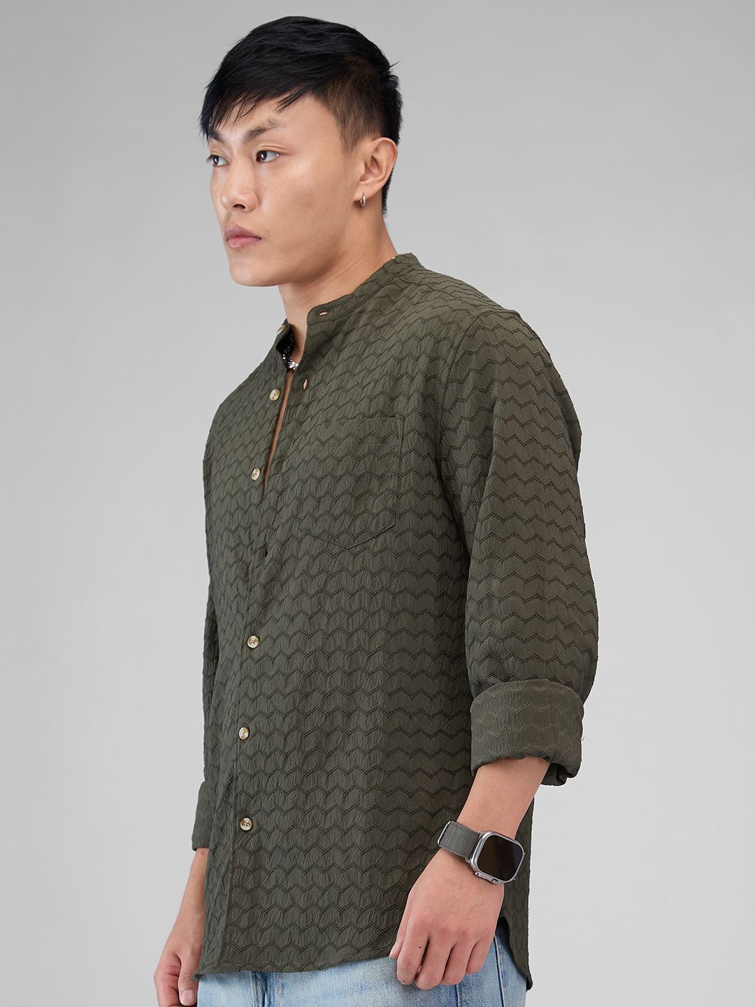 VASTRADO Men Classic Mandarin Collar Textured Casual Shirt