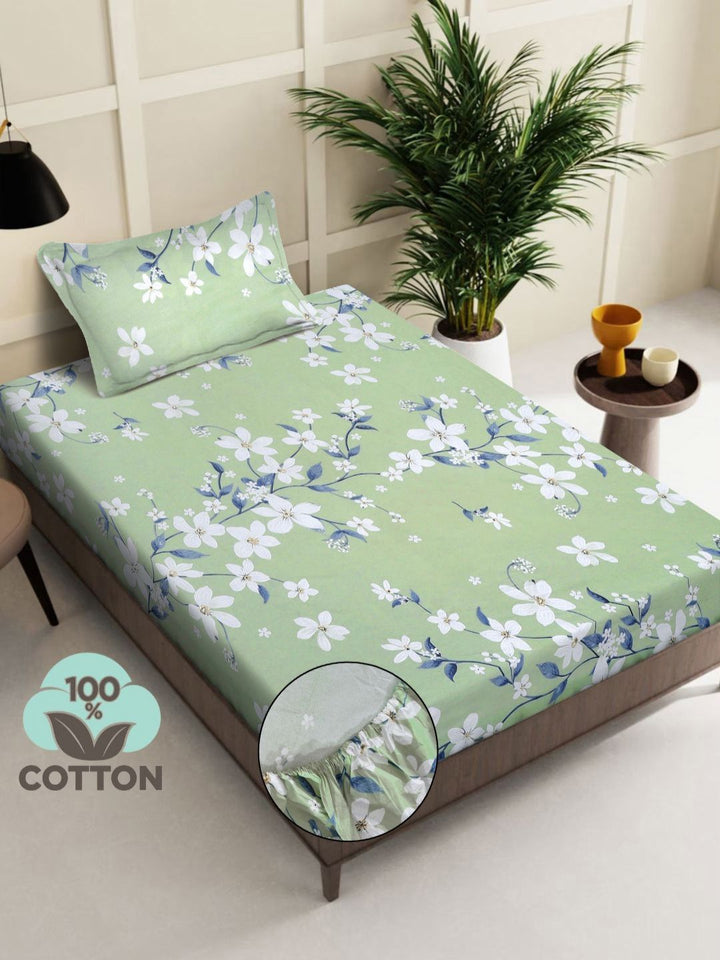 Myntra Elegant Homes Sea Green & White Floral 400 TC Cadar Tempat Tidur Single dengan 1 Sarung Bantal