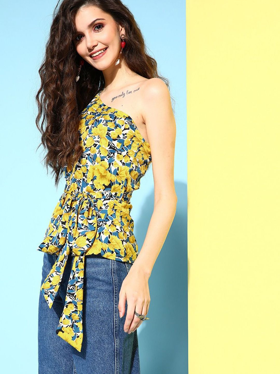 Berrylush Floral Print One Shoulder Puff Sleeve Peplum Top