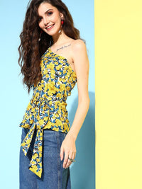 Berrylush Floral Print One Shoulder Puff Sleeve Peplum Top
