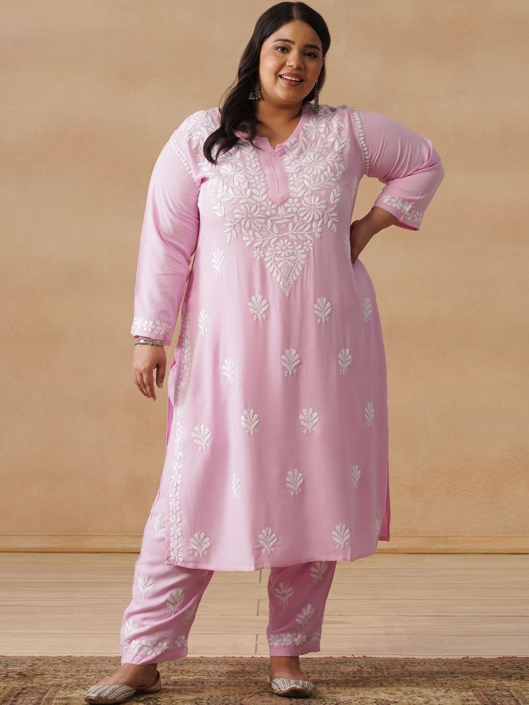 House of Chikankari Women Solid Pink 2 Pieces Regular Kurta with Trousers Set