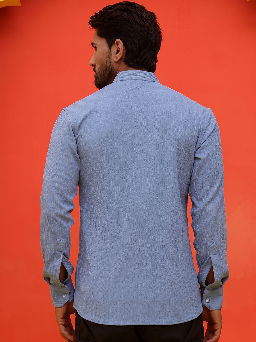 Jompers Striped Band Collar Long Roll-Up Sleeves Straight Kurta