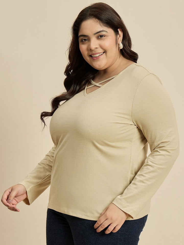 CURVY STREET Women Solid V-Neck Cotton Plus Size T-shirt