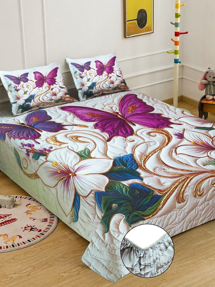 KLOTTHE White & Purple Printed 400 TC Double Bedsheet With 2 Pillow Covers-98.4 x 88.5Inch