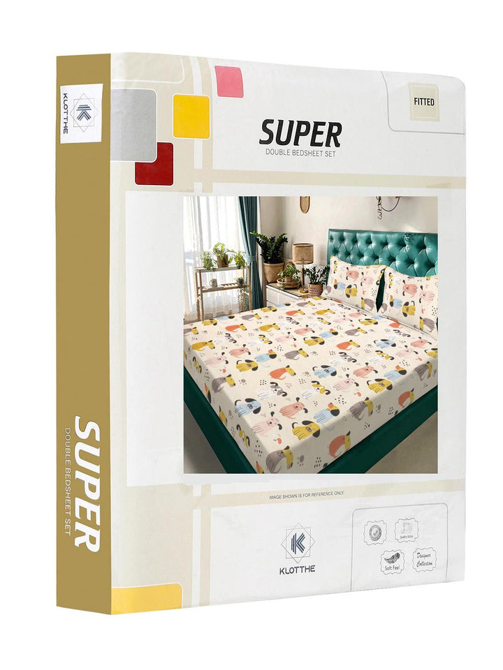KLOTTHE Cartoon Character Fitted 300 TC King Bedsheet & 2 Pillow Covers- 2.50 m x 2.25 m