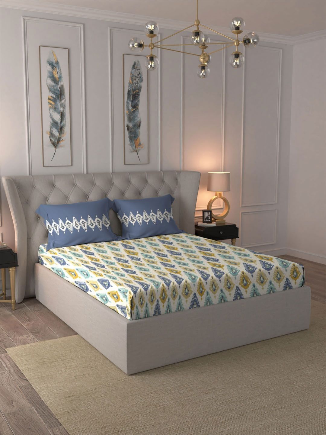 TRIDENT Beacon Yellow Dusk & Dawn Flat 144TC Queen Cotton Bedsheet Set