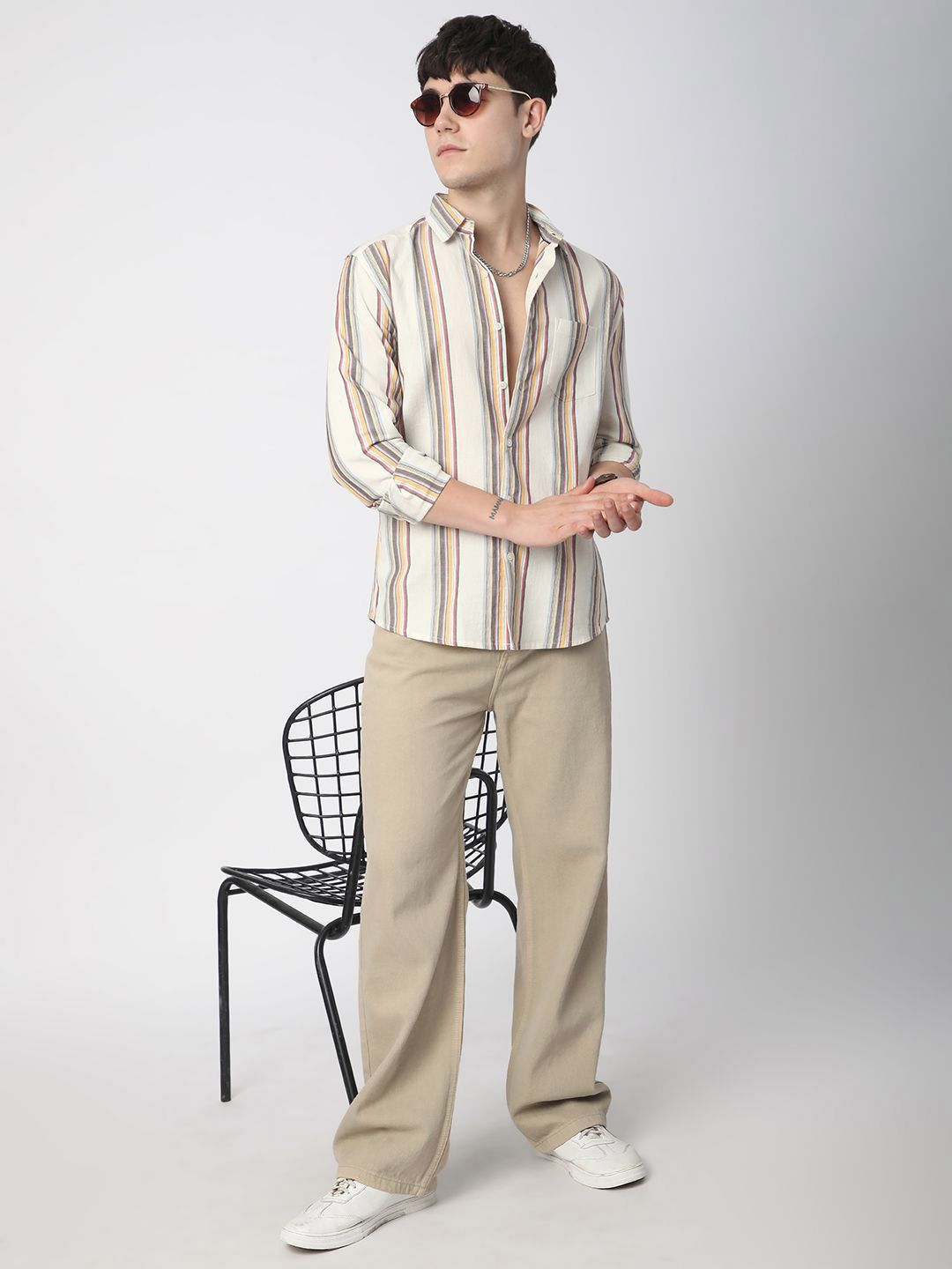 VASTRADO Men Classic Fit Spread Collar Vertical Striped Cotton Casual Shirt