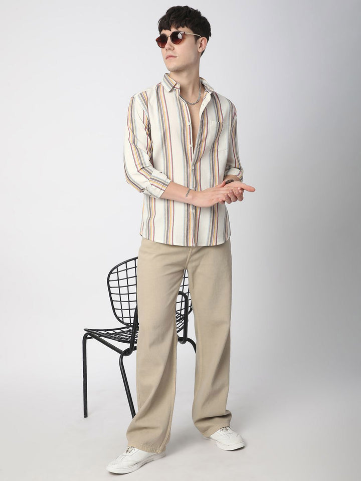 VASTRADO Men Classic Fit Spread Collar Vertical Striped Cotton Casual Shirt