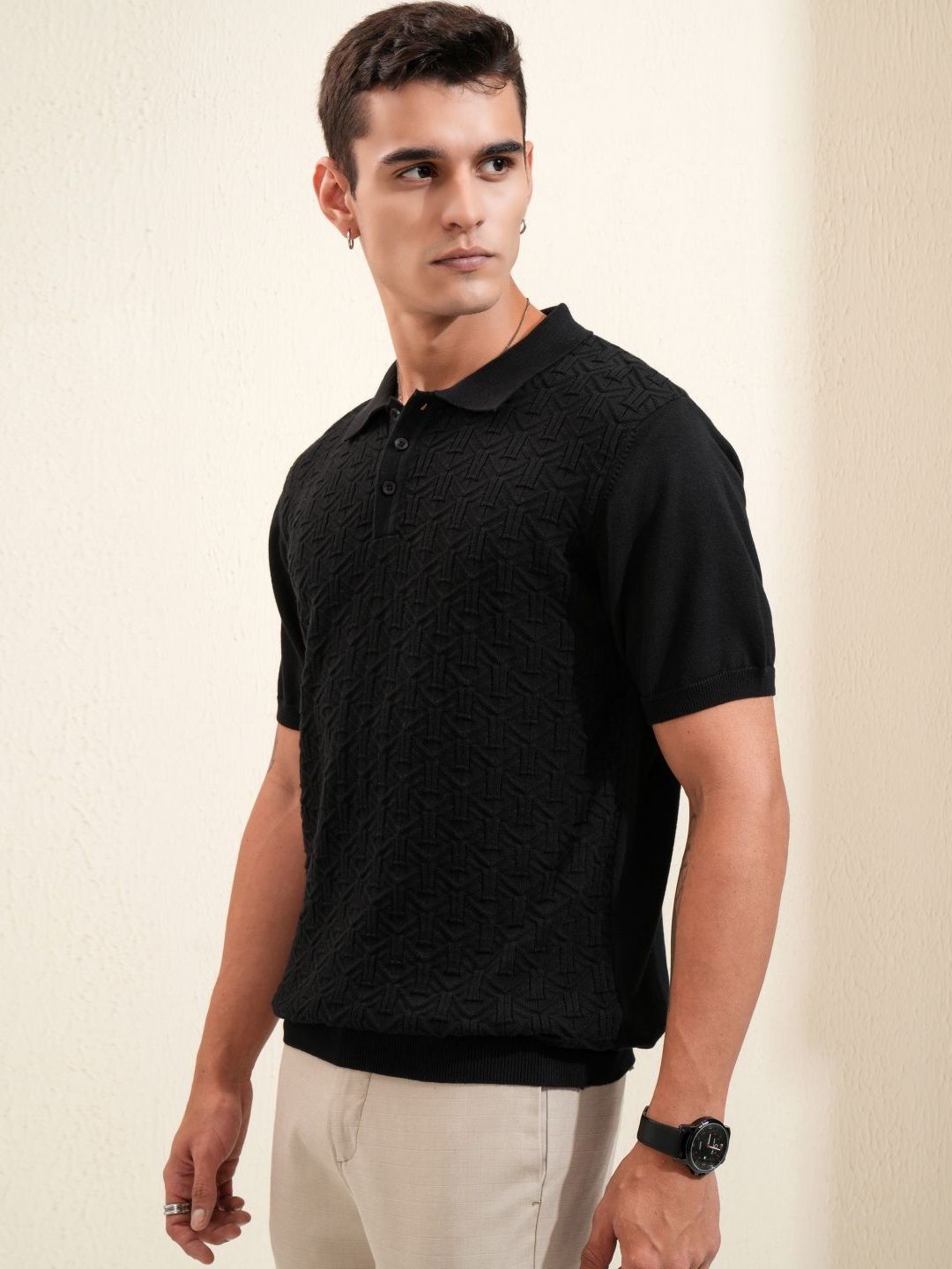 HIGHLANDER Men Self Design Polo Collar Cotton Relaxed Fit T-shirt
